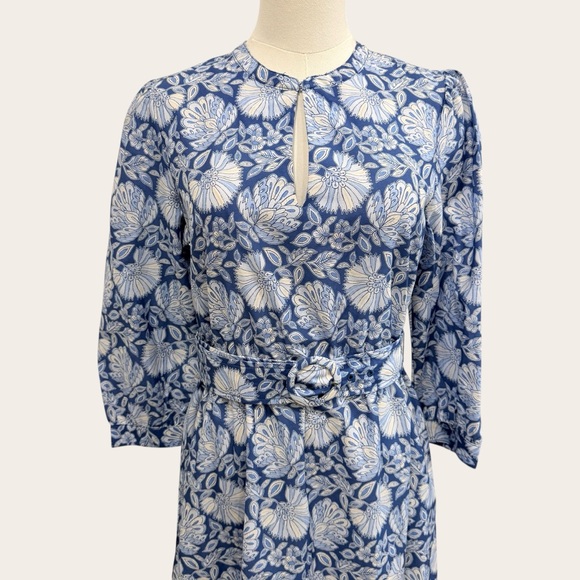 J. McLaughlin Small Cerina Silk Floral Print Belted Midi Dress Palmilla Blue NWT - Picture 3 of 14